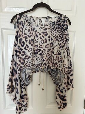 Vintage Havana Beige and Brown/purple Leopard-Print Off-Shoulder Top